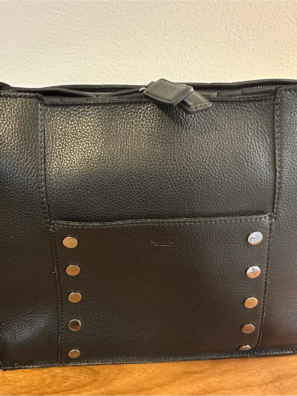 Hammer Black Pebbled Leather Tote Bag with Stud Accents